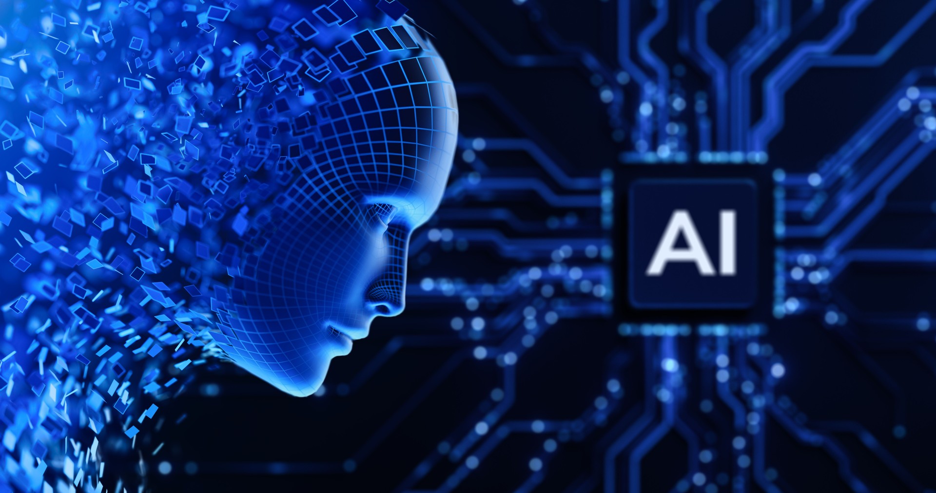 Digital Face Head as Symbol of AI with Circuit and Artificial Intelligence Chip